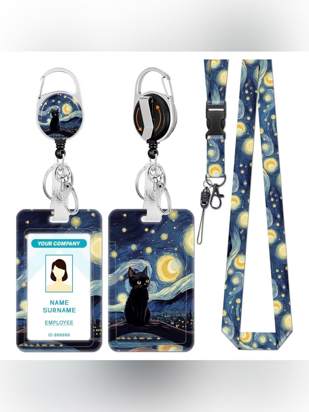 Starry Night Black Cat Lanyard ID Badge Holder